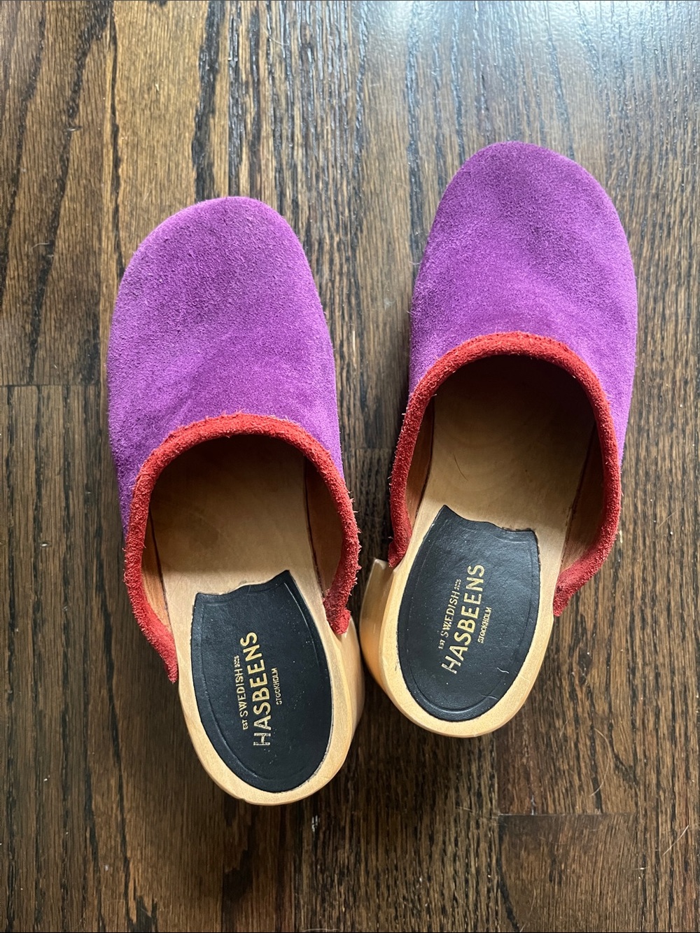 Swedish Hasbeens Purple Suede Clogs with Red Trim